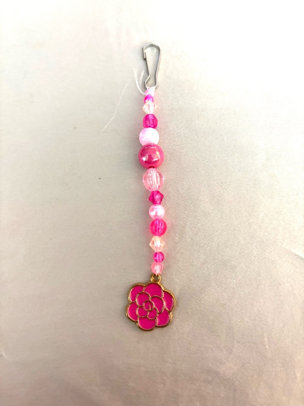 Handmade Pink Beaded Flower Charm Keychain. New.